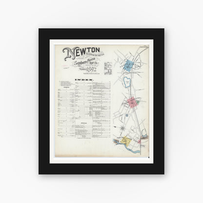 Old map wall art mockup — black gallery frame with white mat — Sanborn Fire Insurance Map from Newton, Middlesex County, Massachusetts (1892), Sheet #0001