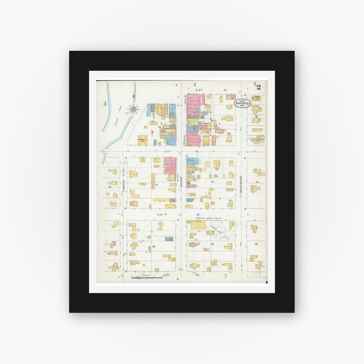 Old map wall art mockup — black gallery frame with white mat — Sanborn Fire Insurance Map from Northfield, Rice County, Minnesota (1900), Sheet #0002