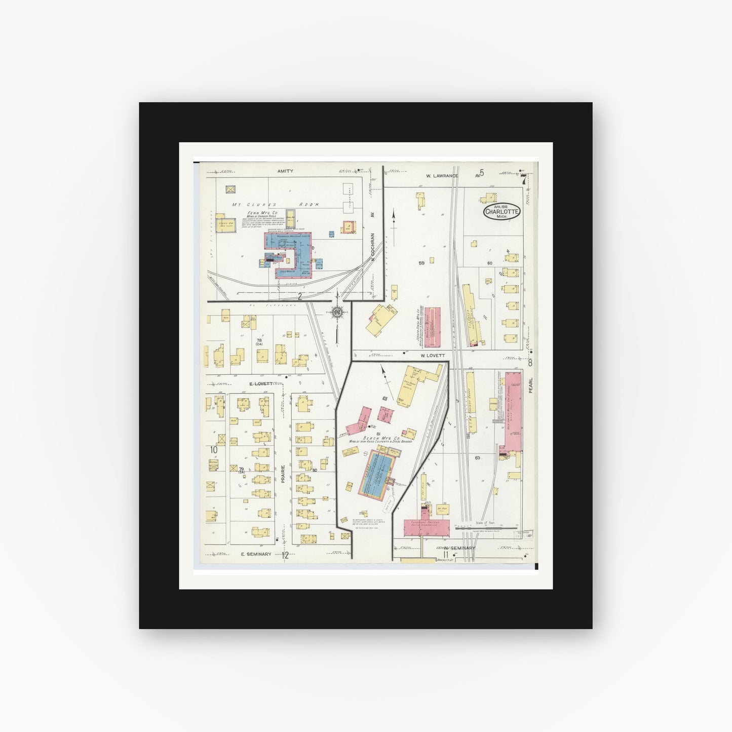 Old map wall art mockup — black gallery frame with white mat — Sanborn Fire Insurance Map from Charlotte, Eaton County, Michigan (1918), Sheet #0007