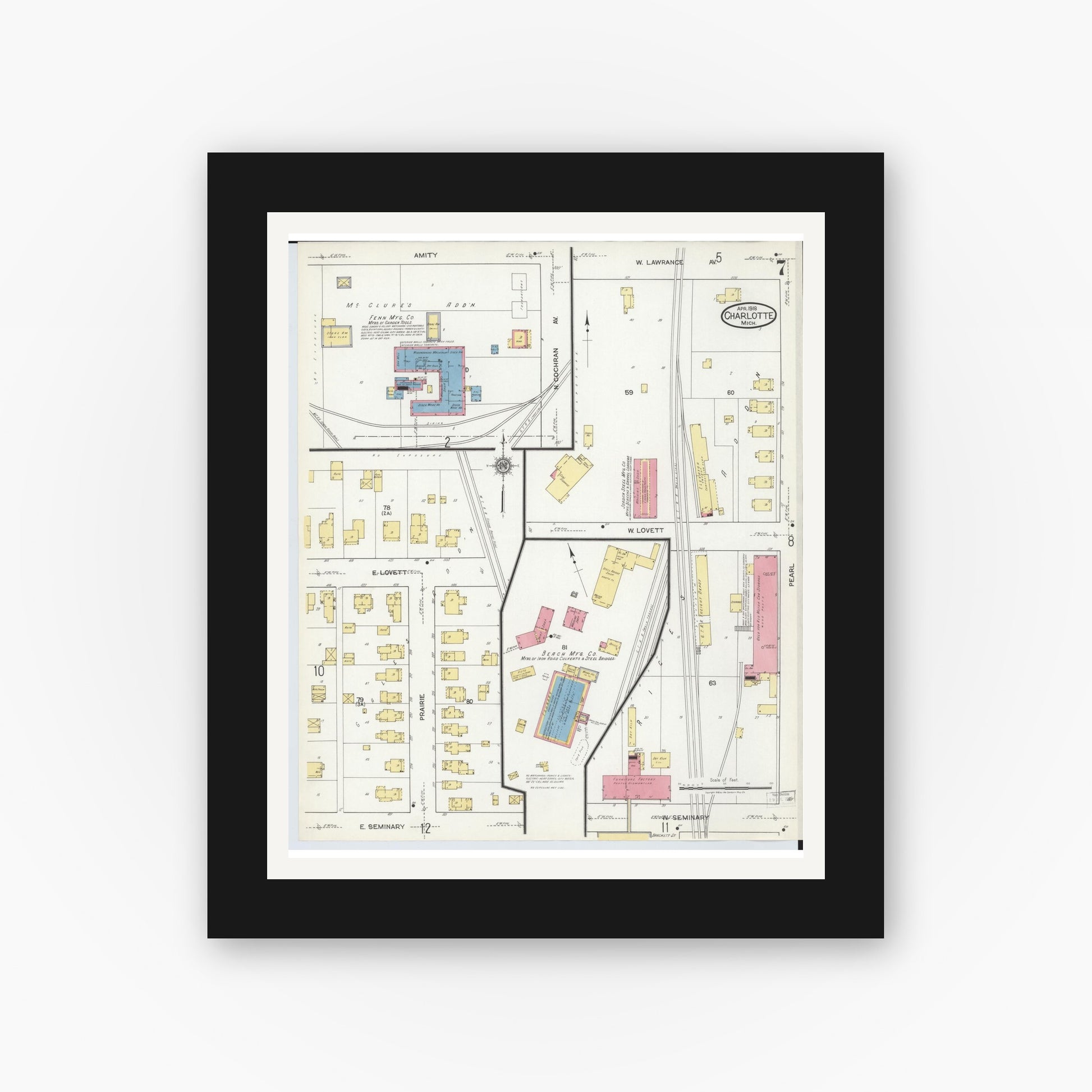 Old map wall art mockup — black gallery frame with white mat — Sanborn Fire Insurance Map from Charlotte, Eaton County, Michigan (1918), Sheet #0007