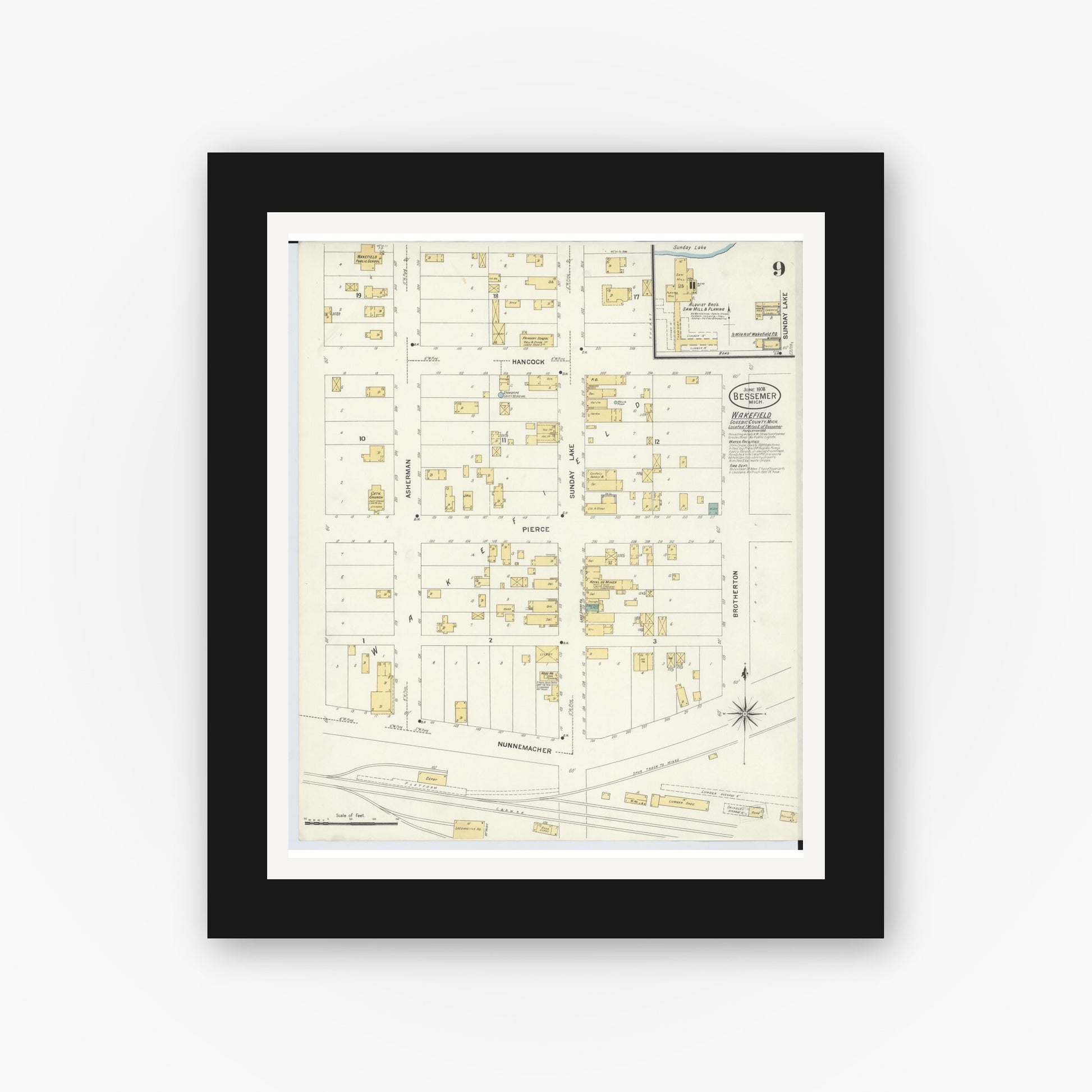 Old map wall art mockup — black gallery frame with white mat — Sanborn Fire Insurance Map from Bessemer, Gogebic County, Michigan (1908), Sheet #0009