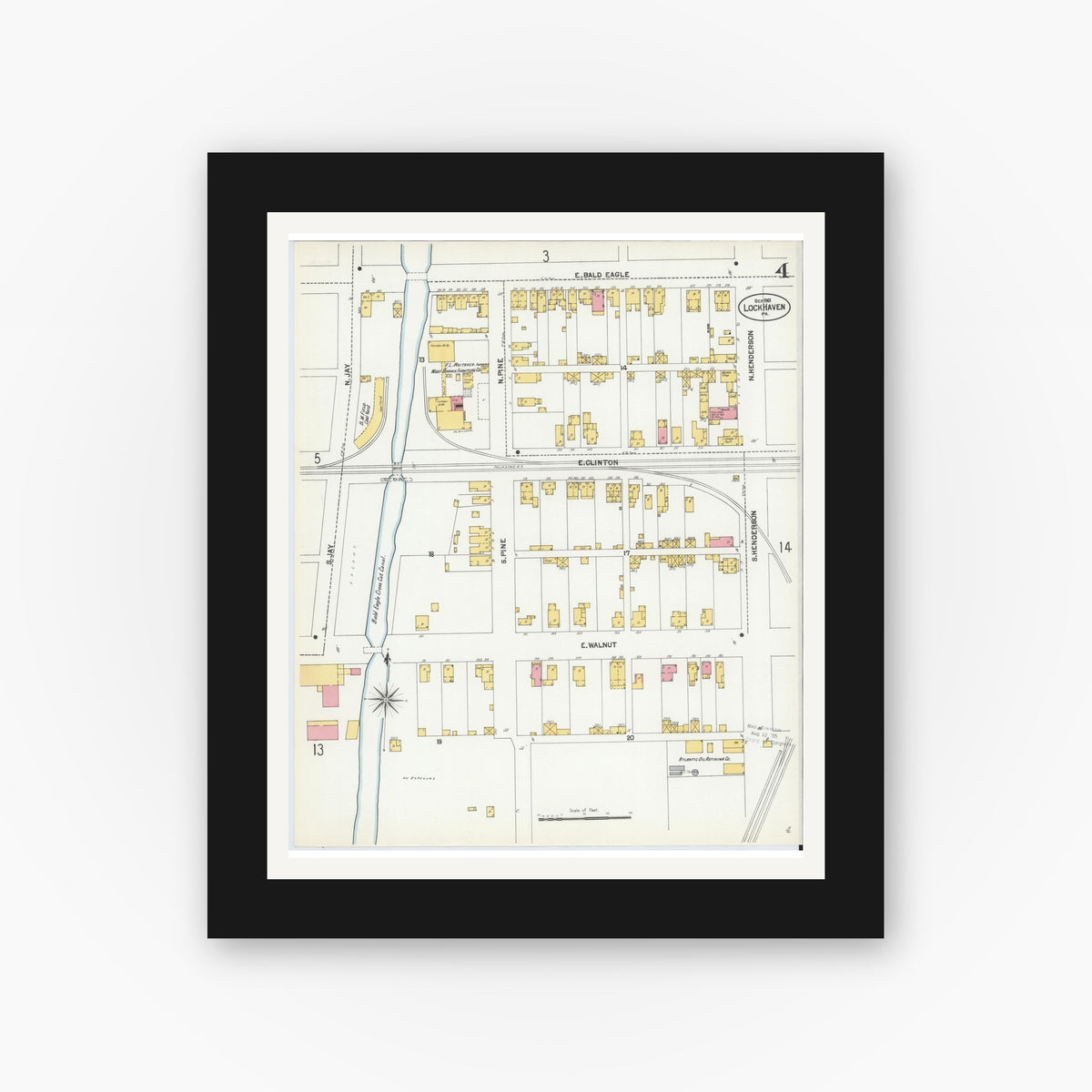 Old map wall art mockup — black gallery frame with white mat — Sanborn Fire Insurance Map from Lock Haven, Clinton County, Pennsylvania (1901), Sheet #0004