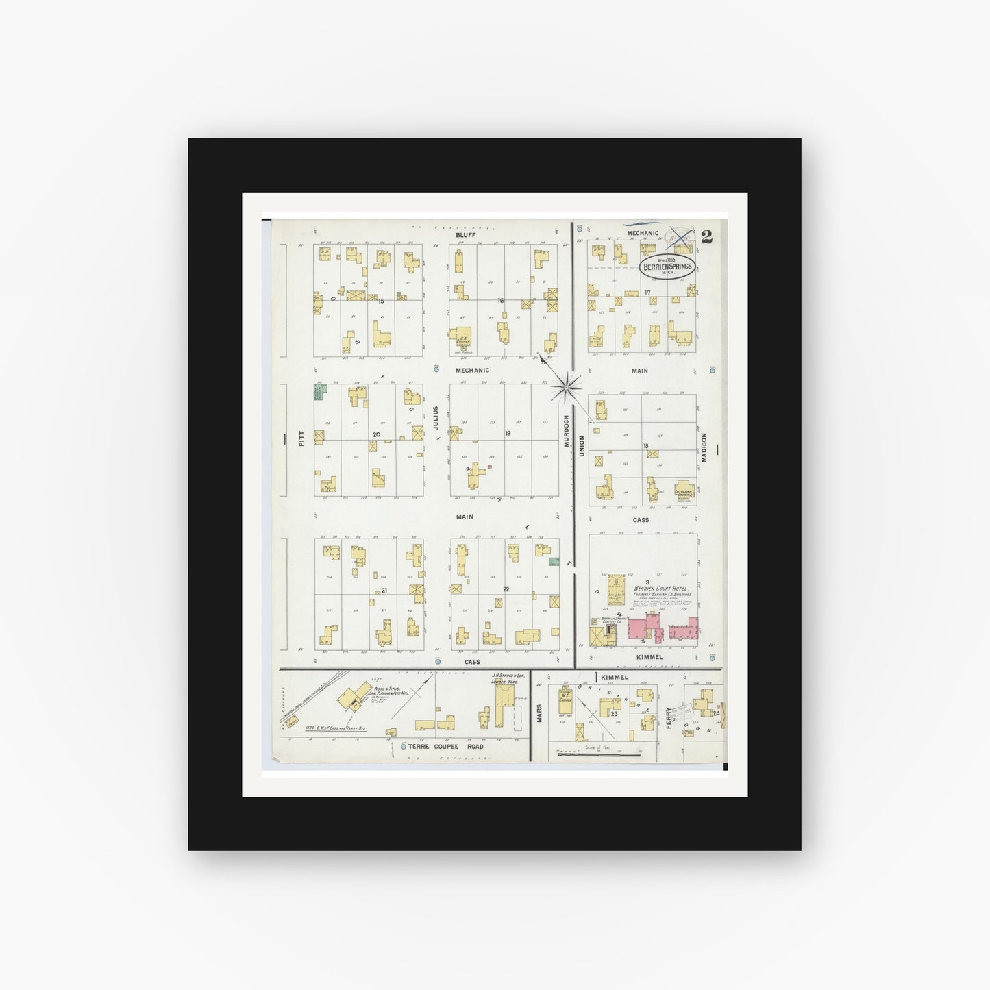 Old map wall art mockup — black gallery frame with white mat — Sanborn Fire Insurance Map from Berrien Springs, Berrien, Michigan (1899), Sheet #0002