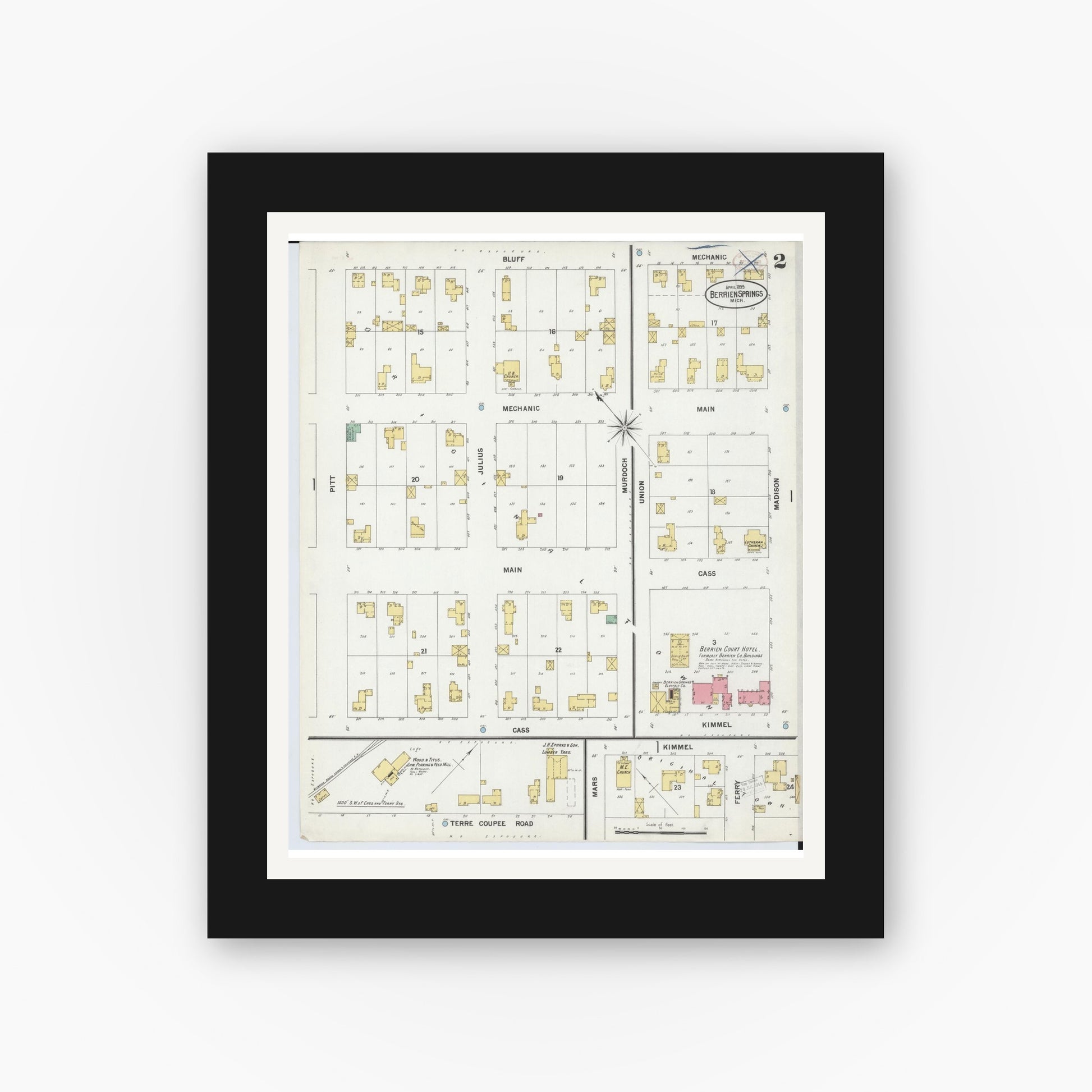 Old map wall art mockup — black gallery frame with white mat — Sanborn Fire Insurance Map from Berrien Springs, Berrien, Michigan (1899), Sheet #0002