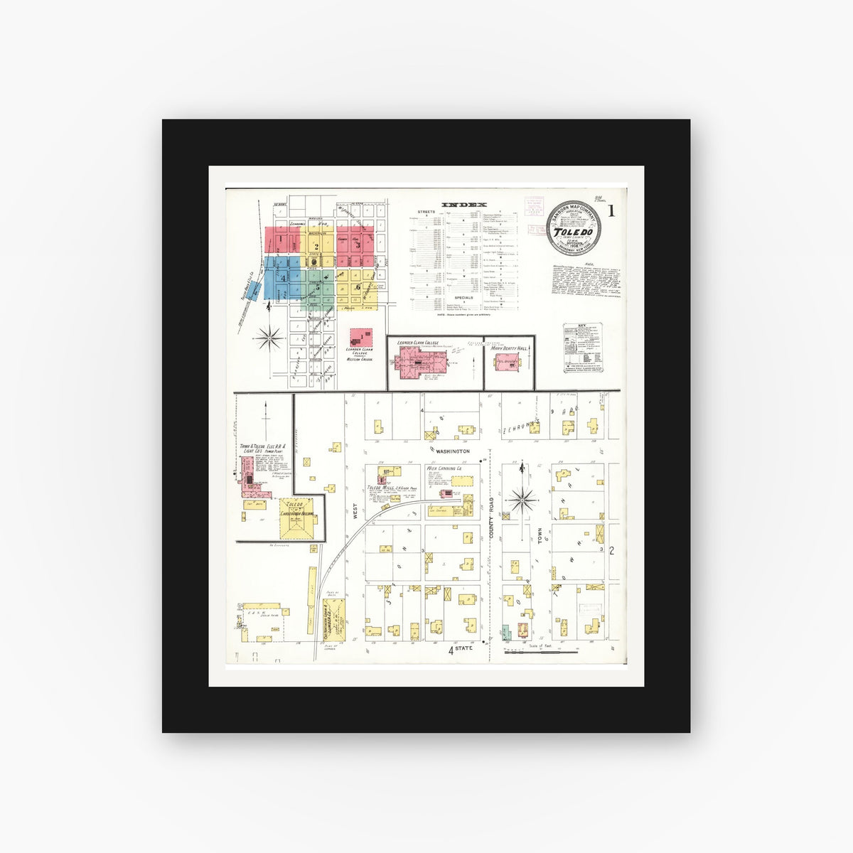 Old map wall art mockup — black gallery frame with white mat — Sanborn Fire Insurance Map from Toledo, Tama County, Iowa (1906) â€” Complete Set