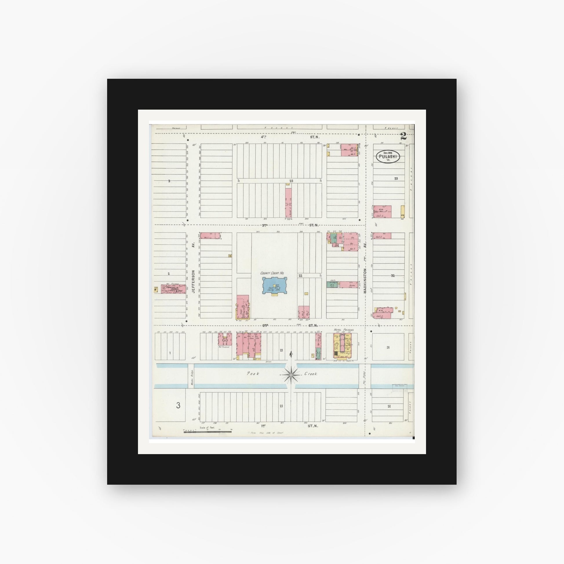 Old map wall art mockup — black gallery frame with white mat — Sanborn Fire Insurance Map from Pulaski, Pulaski County, Virginia (1898), Sheet #0002