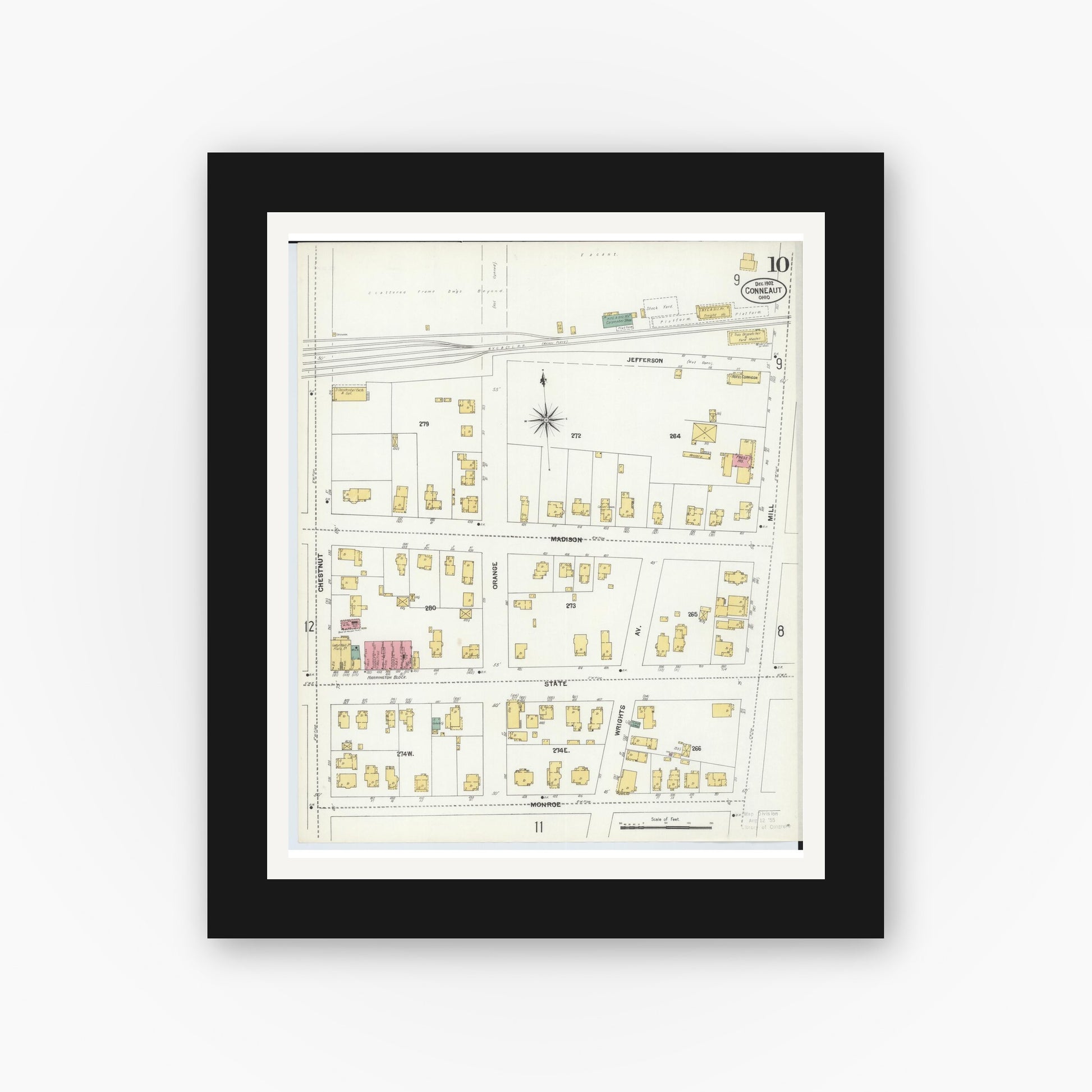 Old map wall art mockup — black gallery frame with white mat — Sanborn Fire Insurance Map from Conneaut, Ashtabula County, Ohio (1902), Sheet #0010
