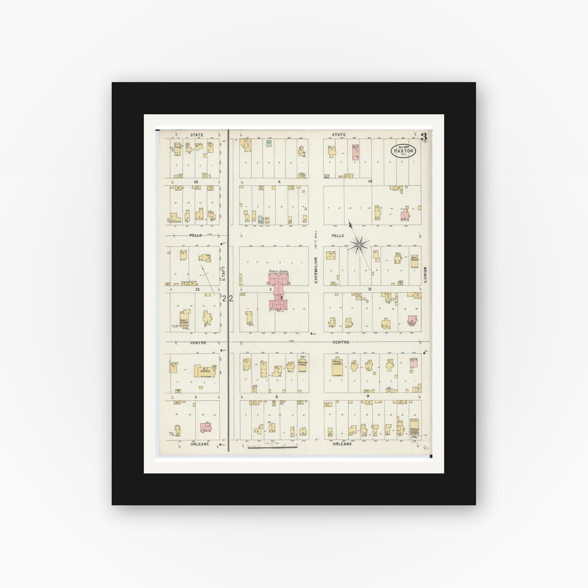 Old map wall art mockup — black gallery frame with white mat — Sanborn Fire Insurance Map from Paxton, Ford County, Illinois (1897), Sheet #0003