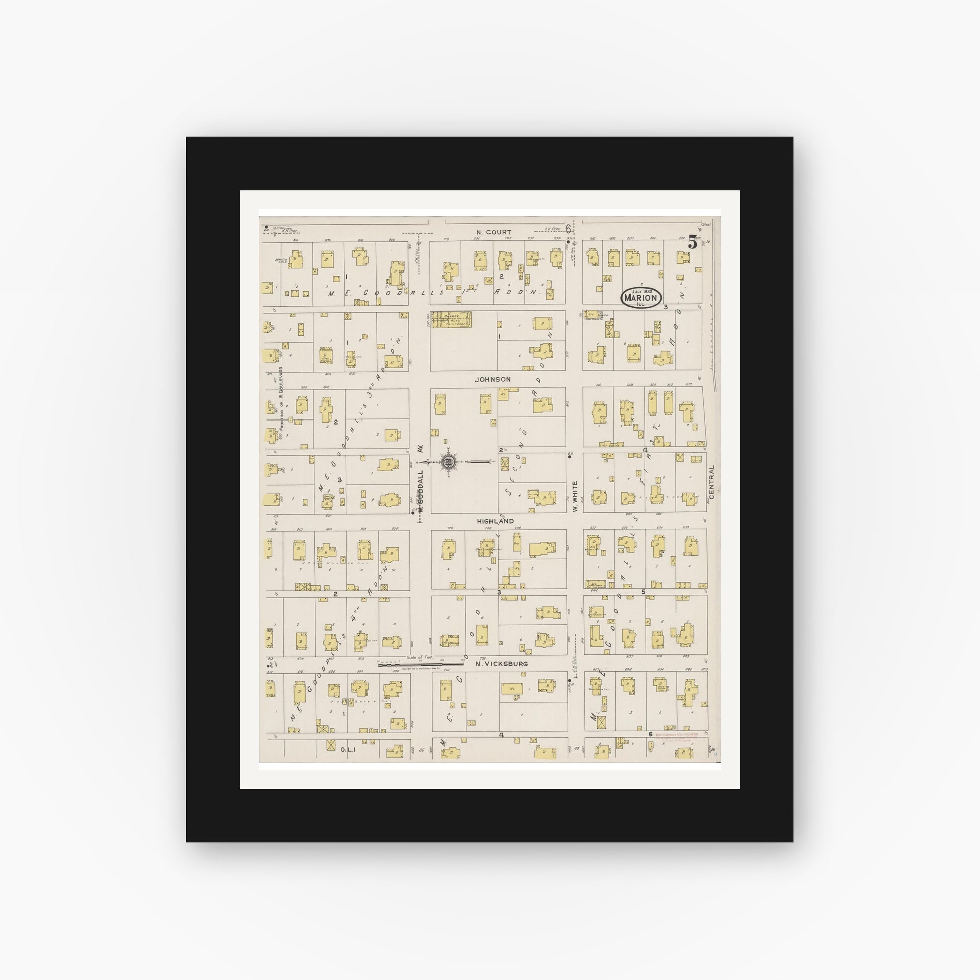 Old map wall art mockup — black gallery frame with white mat — Sanborn Fire Insurance Map from Marion, Williamson County, Illinois (1922), Sheet #0005