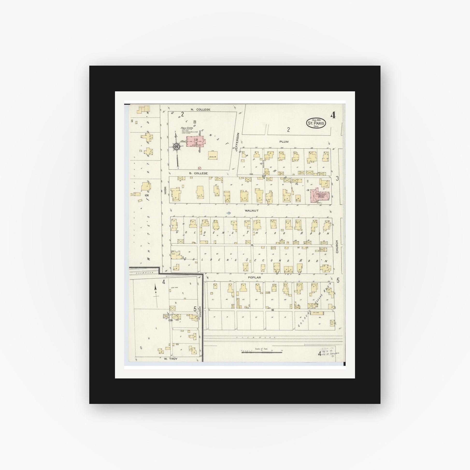 Old map wall art mockup — black gallery frame with white mat — Sanborn Fire Insurance Map from Saint Paris, Champaign County, Ohio (1914), Sheet #0004