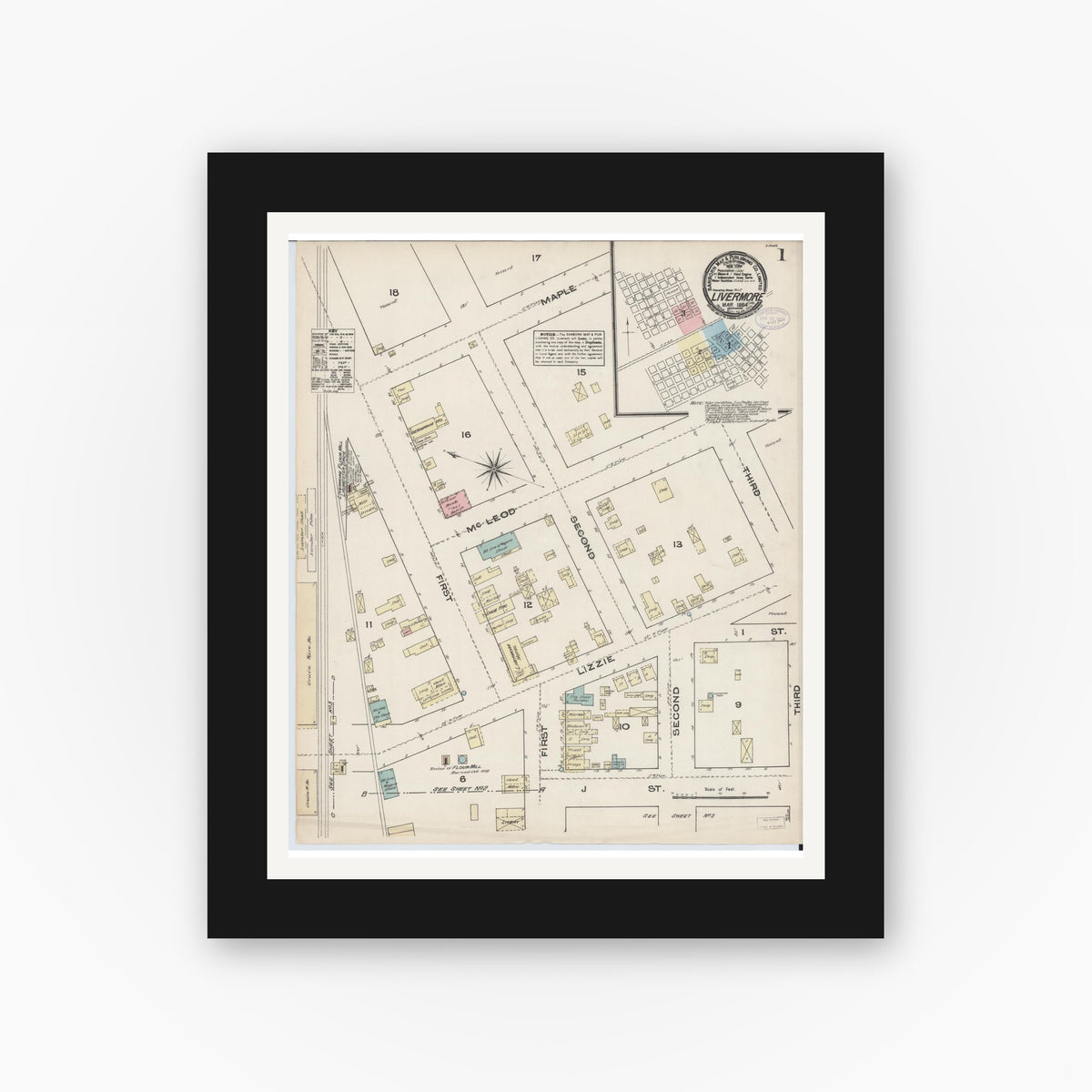 Old map wall art mockup — black gallery frame with white mat — Sanborn Fire Insurance Map from Livermore, Alameda County, California (1884) - Complete Map Set