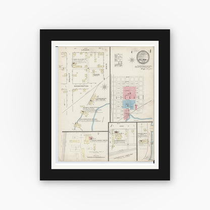 Old map wall art mockup — black gallery frame with white mat — Sanborn Fire Insurance Map from Celina, Mercer County, Ohio (1885), Sheet #0001