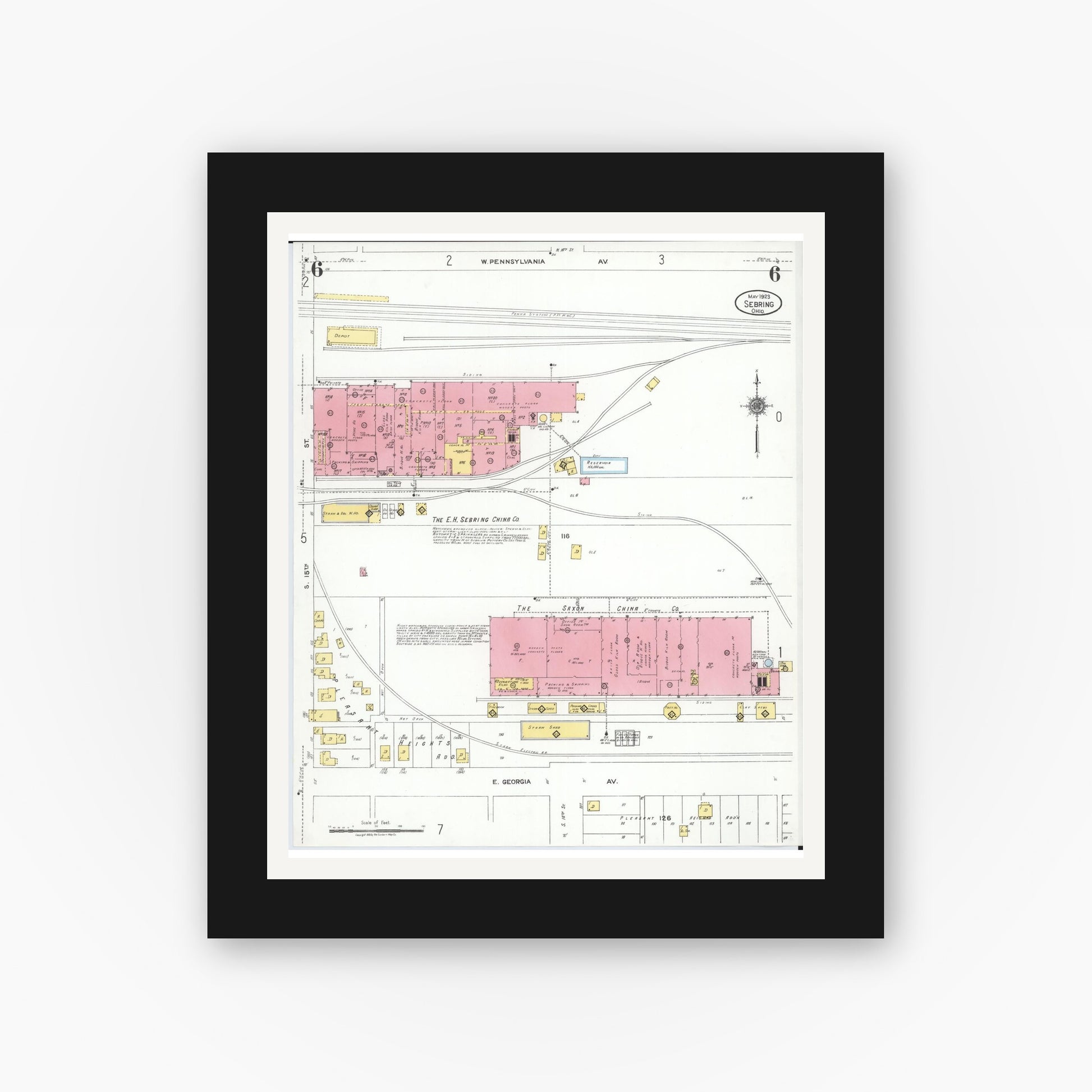 Old map wall art mockup — black gallery frame with white mat — Sanborn Fire Insurance Map from Sebring, Mahoning County, Ohio (1923), Sheet #0006
