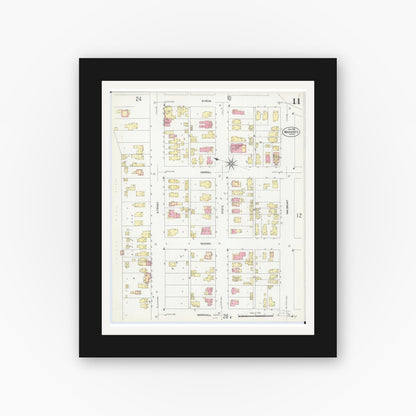 Old map wall art mockup — black gallery frame with white mat — Sanborn Fire Insurance Map from Mankato, Blue Earth County, Minnesota (1908), Sheet #0011