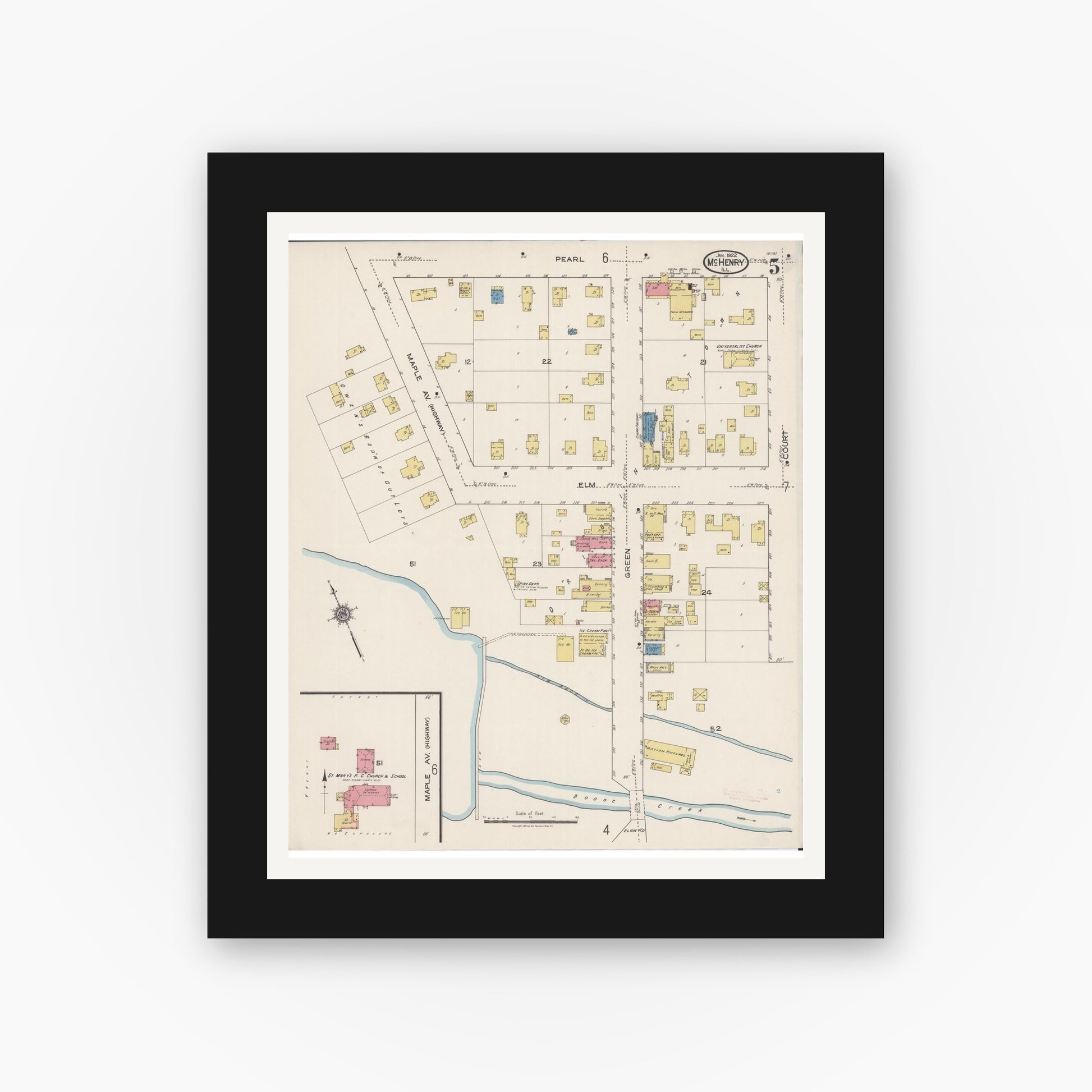 Old map wall art mockup — black gallery frame with white mat — Sanborn Fire Insurance Map from McHenry, McHenry County, Illinois (1922), Sheet #0005