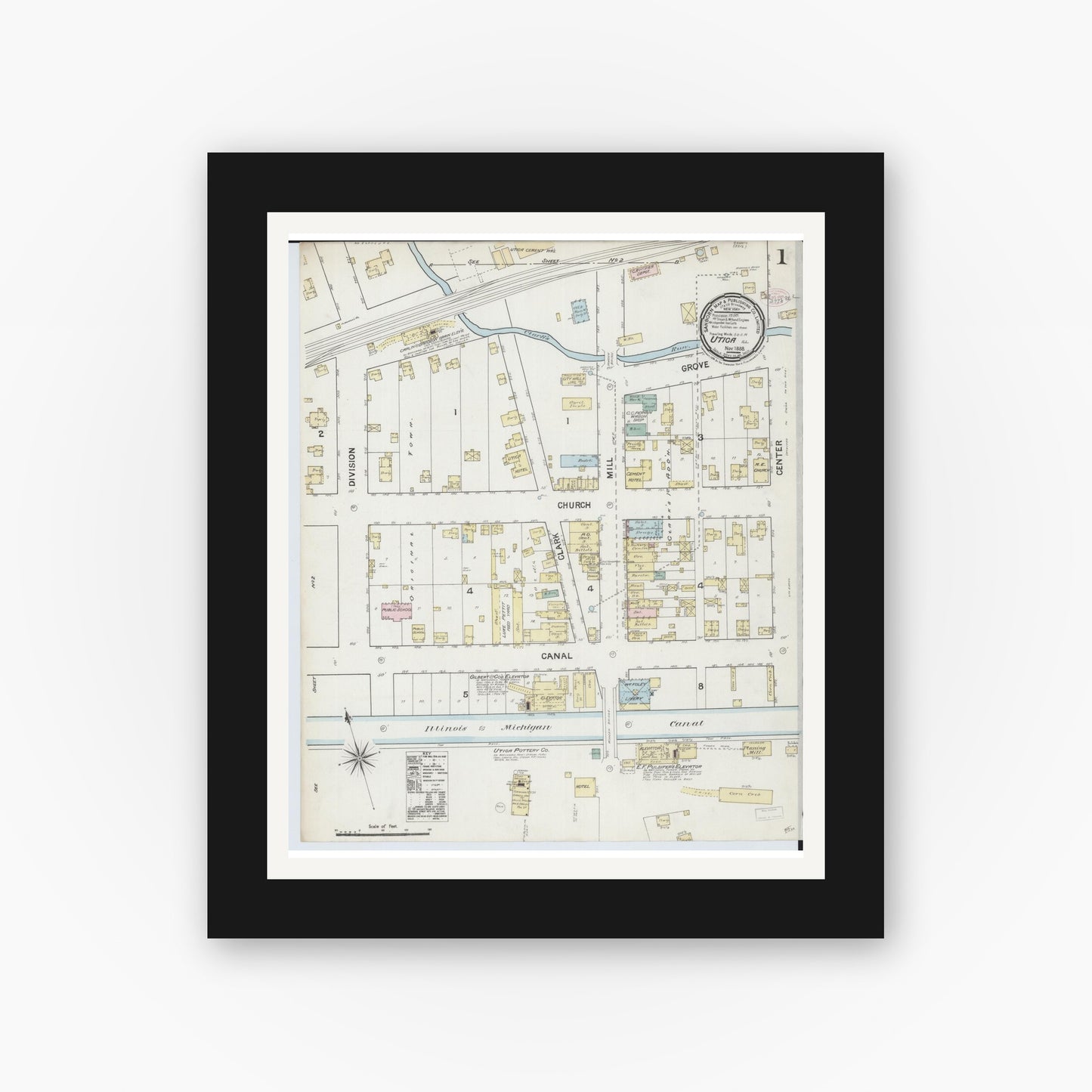 Old map wall art mockup — black gallery frame with white mat — Sanborn Fire Insurance Map from Utica, La Salle County, Illinois (1888) - Complete Map Set