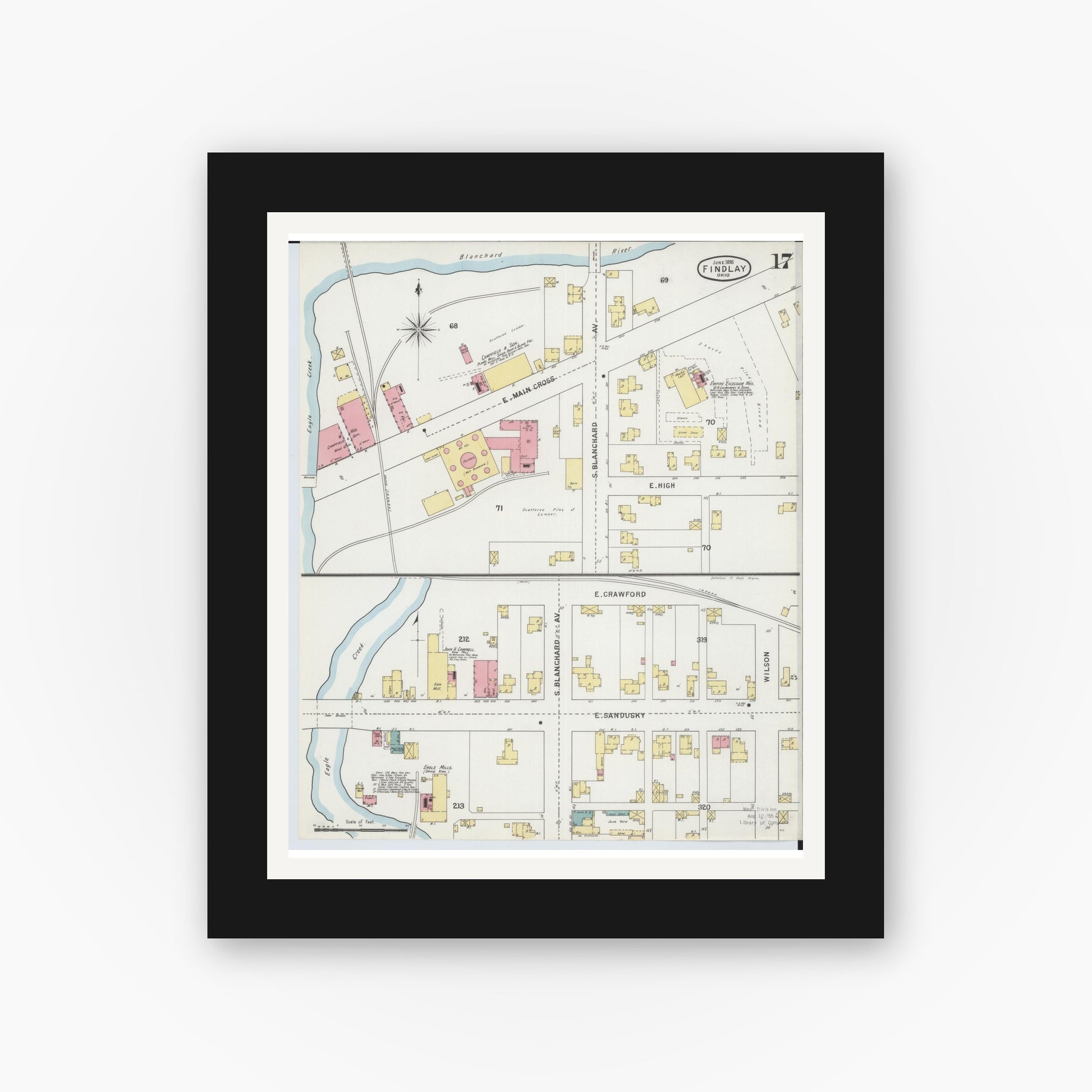 Old map wall art mockup — black gallery frame with white mat — Sanborn Fire Insurance Map from Findlay, Hancock County, Ohio (1895), Sheet #0017