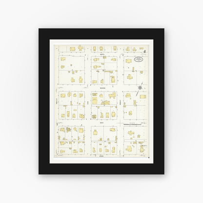 Old map wall art mockup — black gallery frame with white mat — Sanborn Fire Insurance Map from Itasca, Hill County, Texas (1912), Sheet #0004