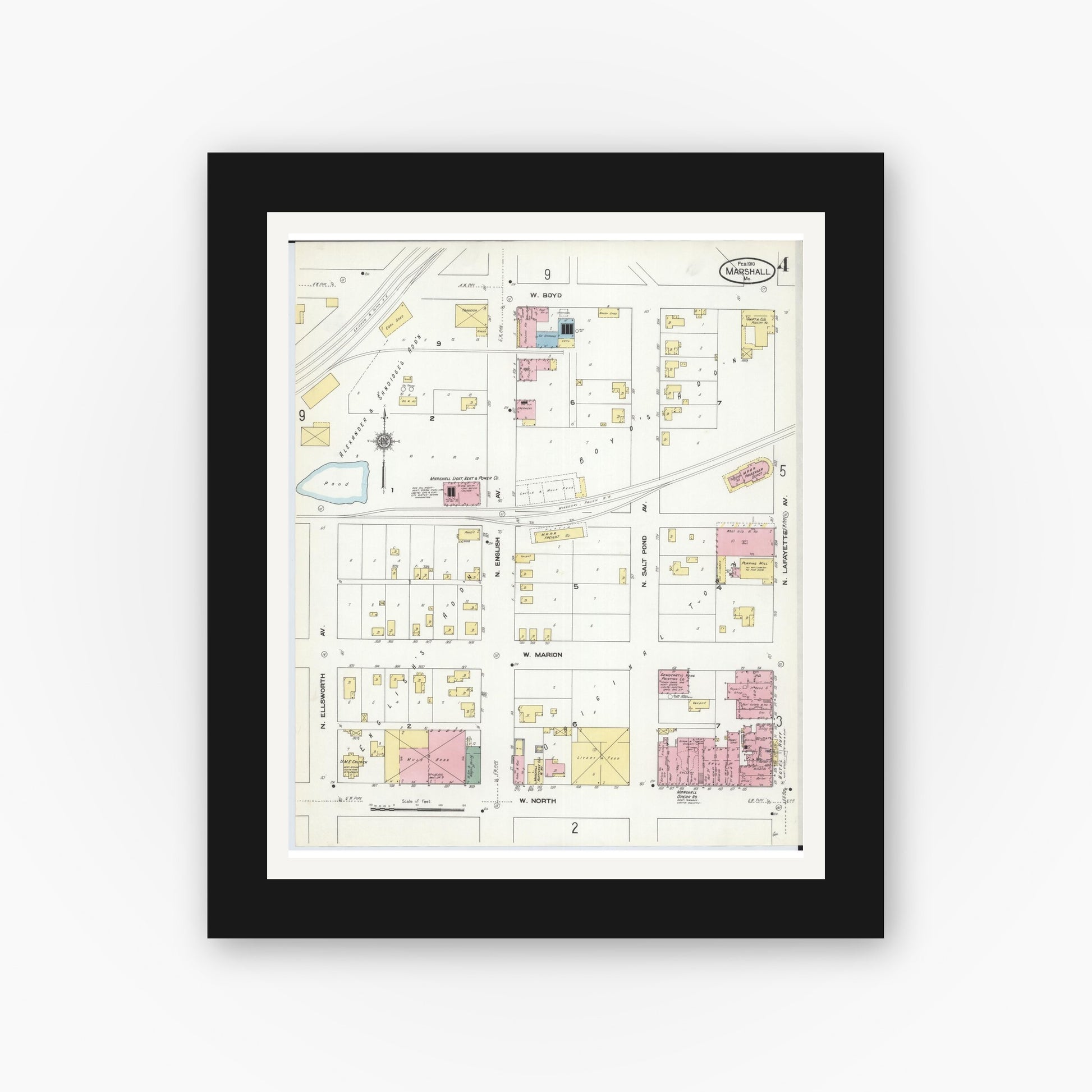 Old map wall art mockup — black gallery frame with white mat — Sanborn Fire Insurance Map from Marshall, Saline County, Missouri (1910), Sheet #0004