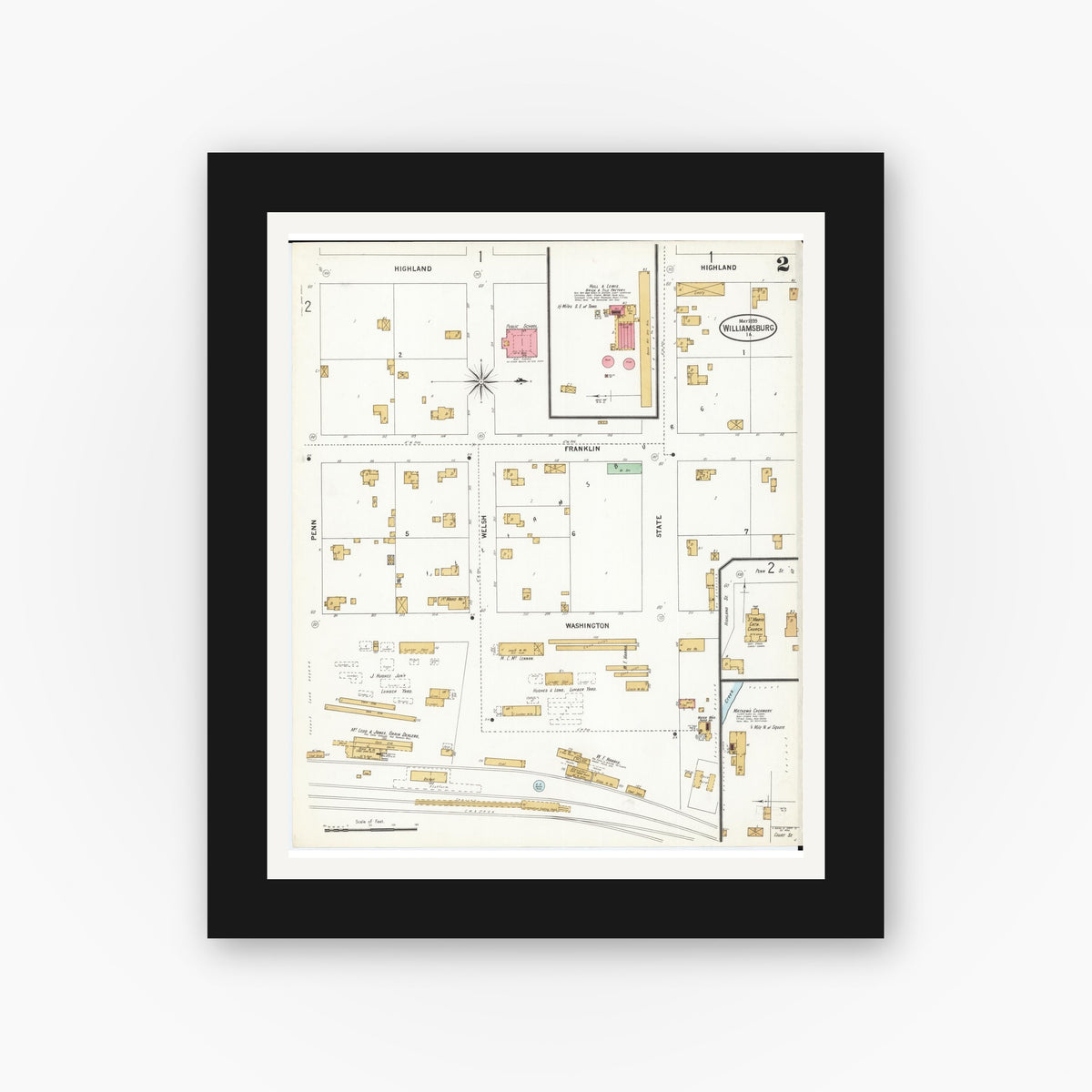 Old map wall art mockup — black gallery frame with white mat — Sanborn Fire Insurance Map from Williamsburg, Iowa County, Iowa (1899), Sheet #0002