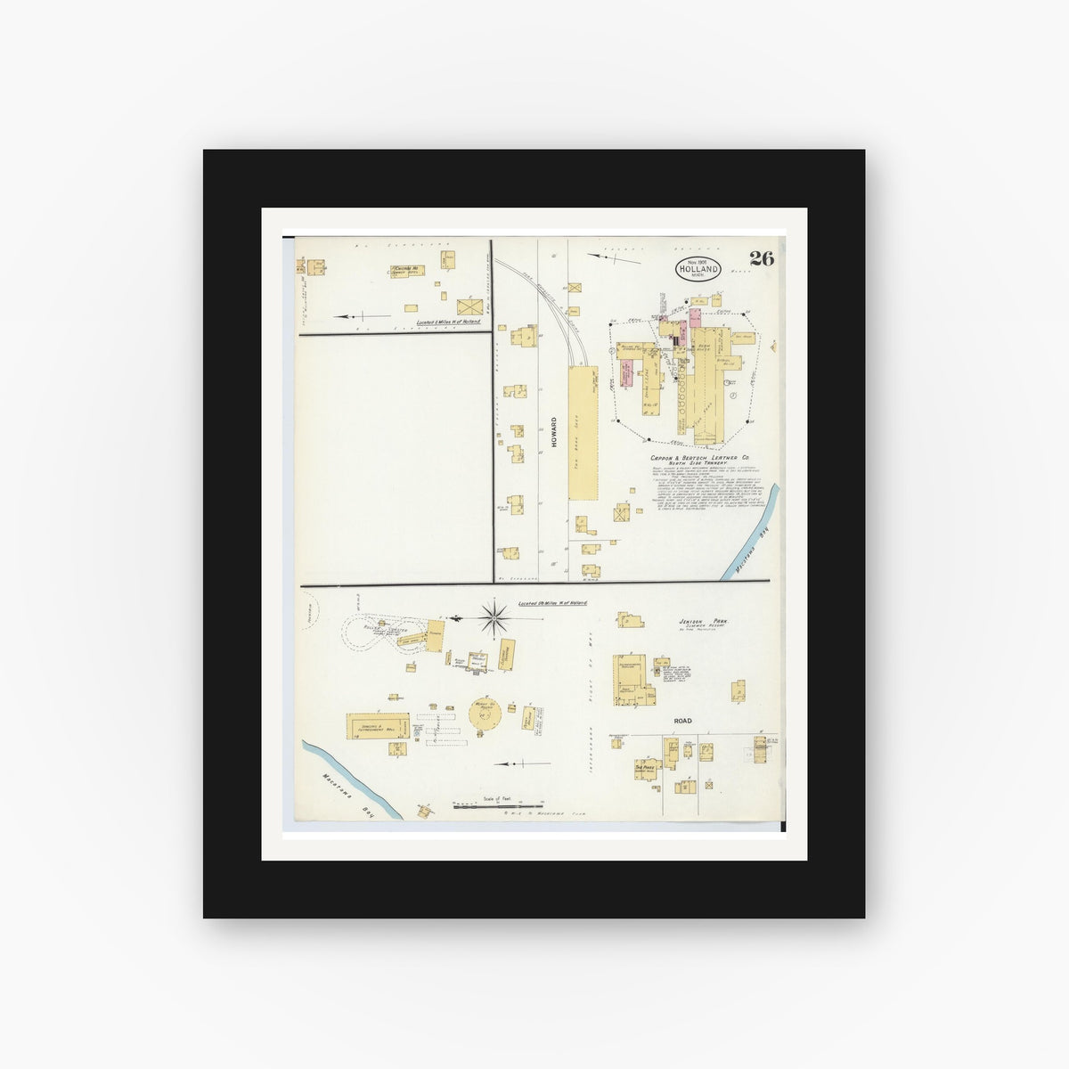 Old map wall art mockup — black gallery frame with white mat — Sanborn Fire Insurance Map from Holland, Ottawa County, Michigan (1908), Sheet #0026