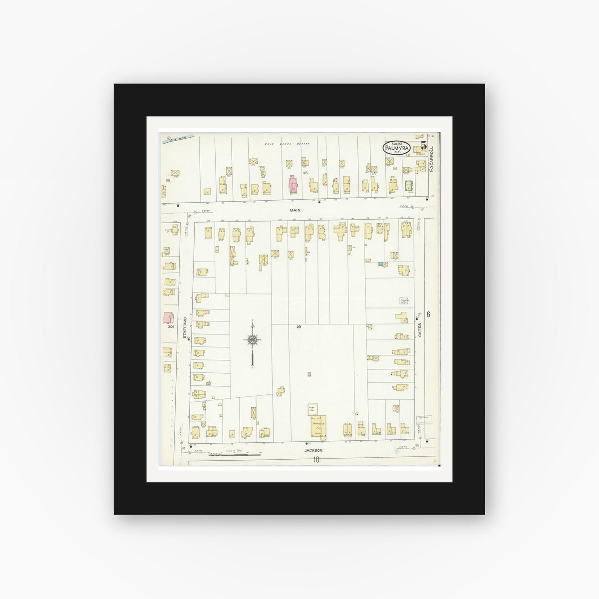 Old map wall art mockup — black gallery frame with white mat — Sanborn Fire Insurance Map from Palmyra, Wayne County, New York (1912), Sheet #0005