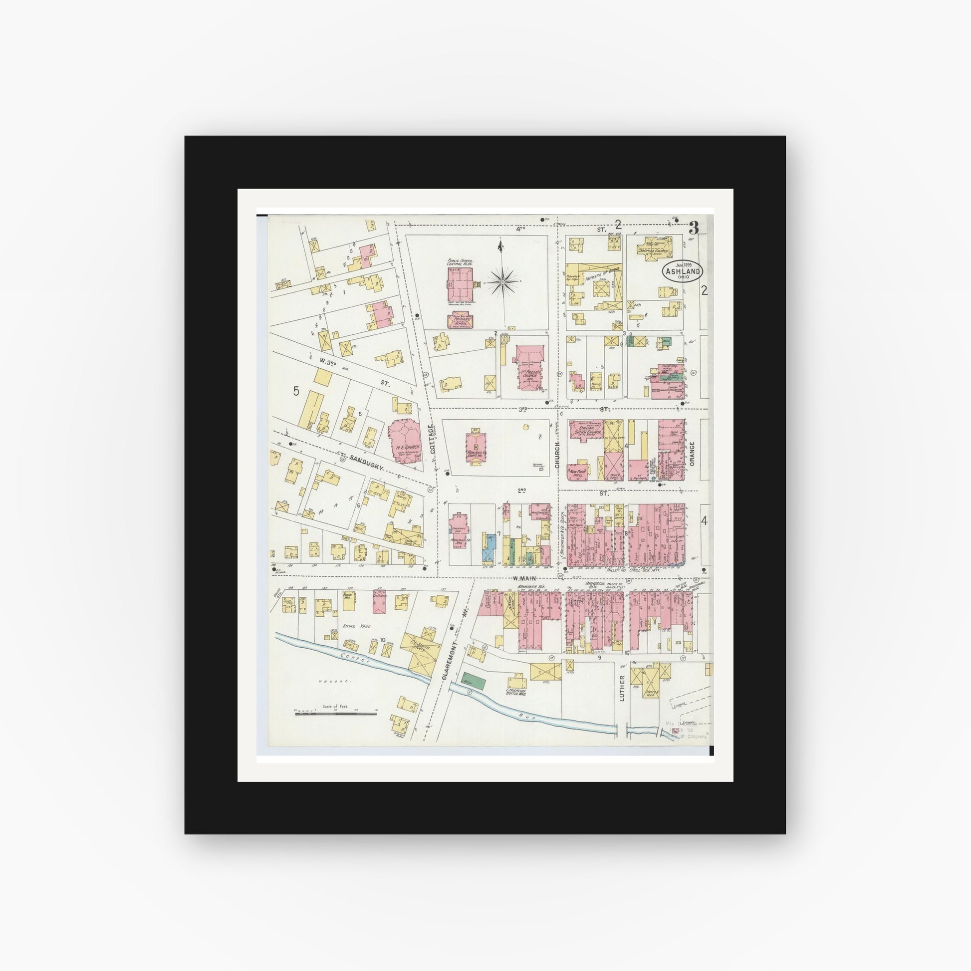 Old map wall art mockup — black gallery frame with white mat — Sanborn Fire Insurance Map from Ashland, Ashland County, Ohio (1899), Sheet #0003