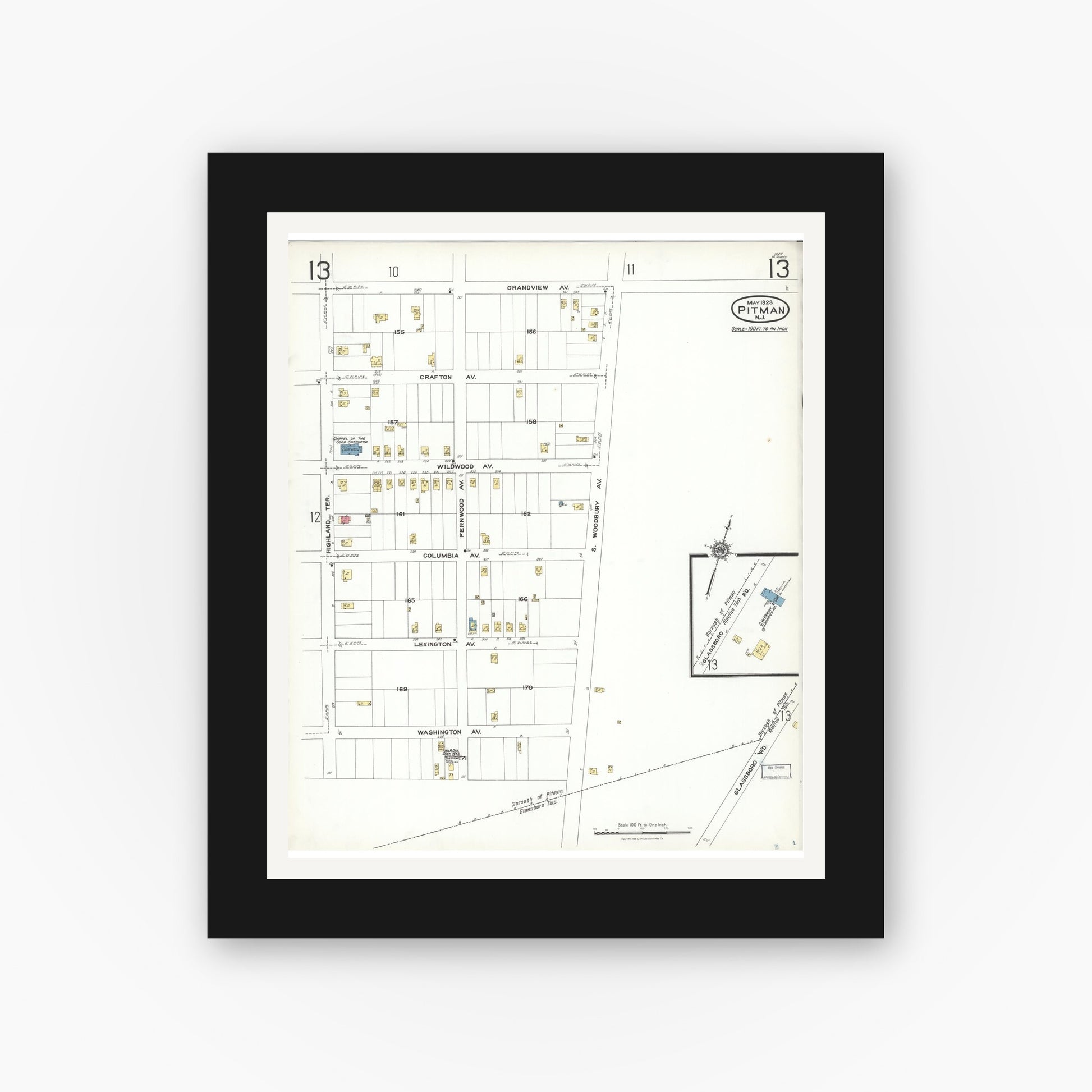 Old map wall art mockup — black gallery frame with white mat — Sanborn Fire Insurance Map from Pitman, Gloucester County, New Jersey (1923), Sheet #0013