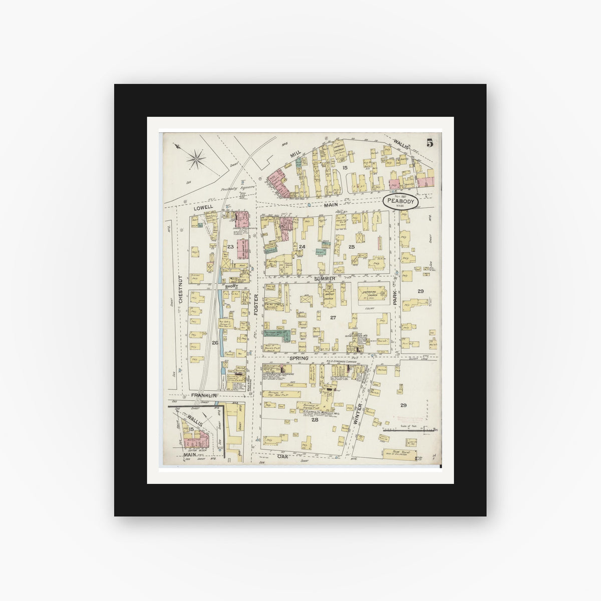 Old map wall art mockup — black gallery frame with white mat — Sanborn Fire Insurance Map from Peabody, Essex County, Massachusetts (1887), Sheet #0005