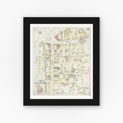Old map wall art mockup — black gallery frame with white mat — Sanborn Fire Insurance Map from Peabody, Essex County, Massachusetts (1887), Sheet #0005