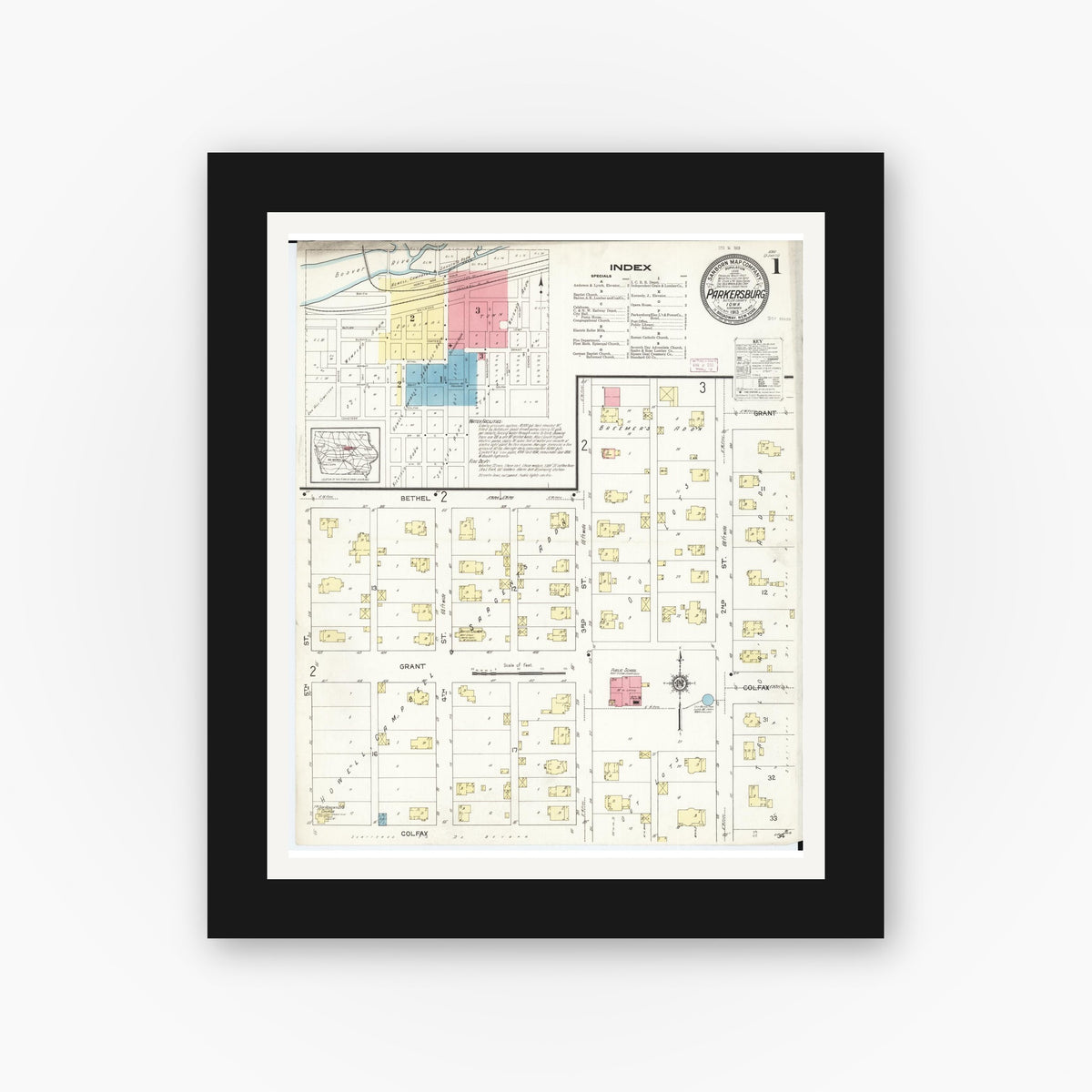 Old map wall art mockup — black gallery frame with white mat — Sanborn Fire Insurance Map from Parkersburg, Butler County, Iowa (1913) â€” Complete Set
