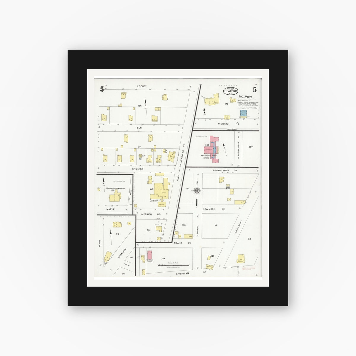 Old map wall art mockup — black gallery frame with white mat — Sanborn Fire Insurance Map from Seaford, Nassau County, New York (1927), Sheet #0005