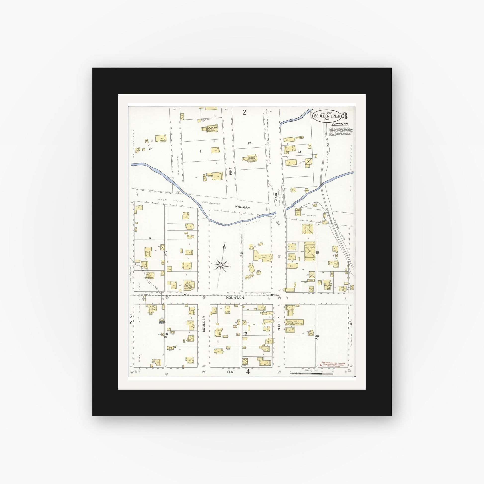 Old map wall art mockup — black gallery frame with white mat — Sanborn Fire Insurance Map from Boulder Creek, Santa Cruz County, California (1908), Sheet #0003