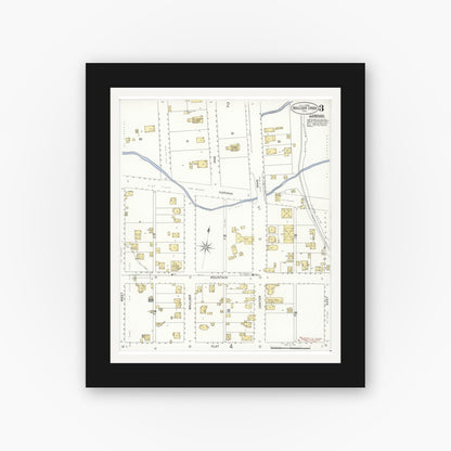Old map wall art mockup — black gallery frame with white mat — Sanborn Fire Insurance Map from Boulder Creek, Santa Cruz County, California (1908), Sheet #0003