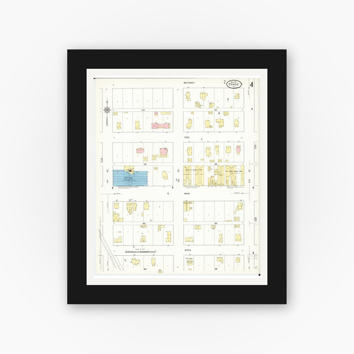 Old map wall art mockup — black gallery frame with white mat — Sanborn Fire Insurance Map from Osage, Mitchell County, Iowa (1911), Sheet #0004