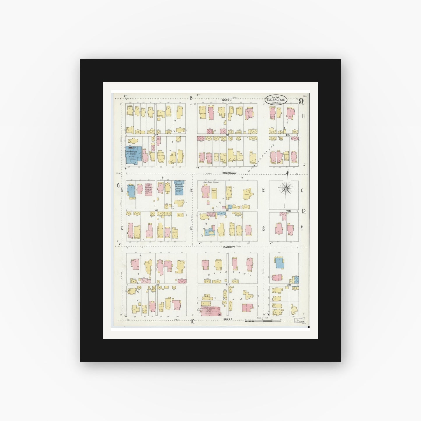 Old map wall art mockup — black gallery frame with white mat — Sanborn Fire Insurance Map from Logansport, Cass County, Indiana (1906), Sheet #0009