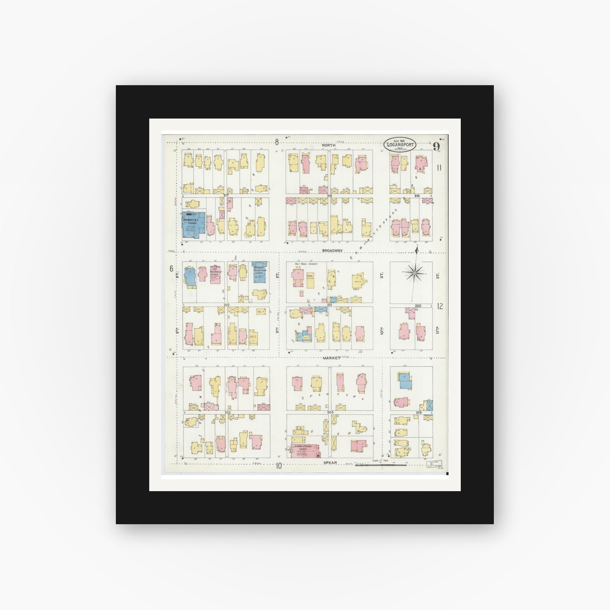 Old map wall art mockup — black gallery frame with white mat — Sanborn Fire Insurance Map from Logansport, Cass County, Indiana (1906), Sheet #0009