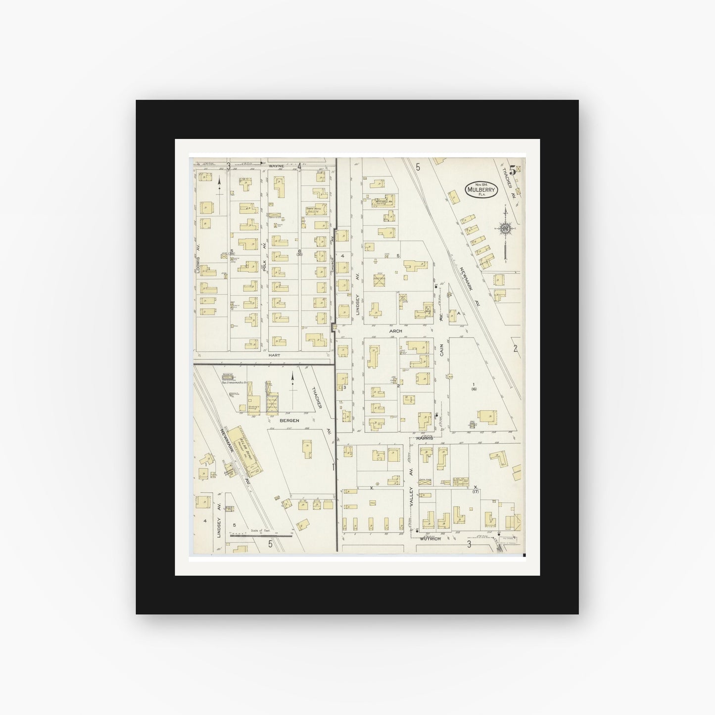 Old map wall art mockup — black gallery frame with white mat — Sanborn Fire Insurance Map from Mulberry, Polk County, Florida (1914), Sheet #0005
