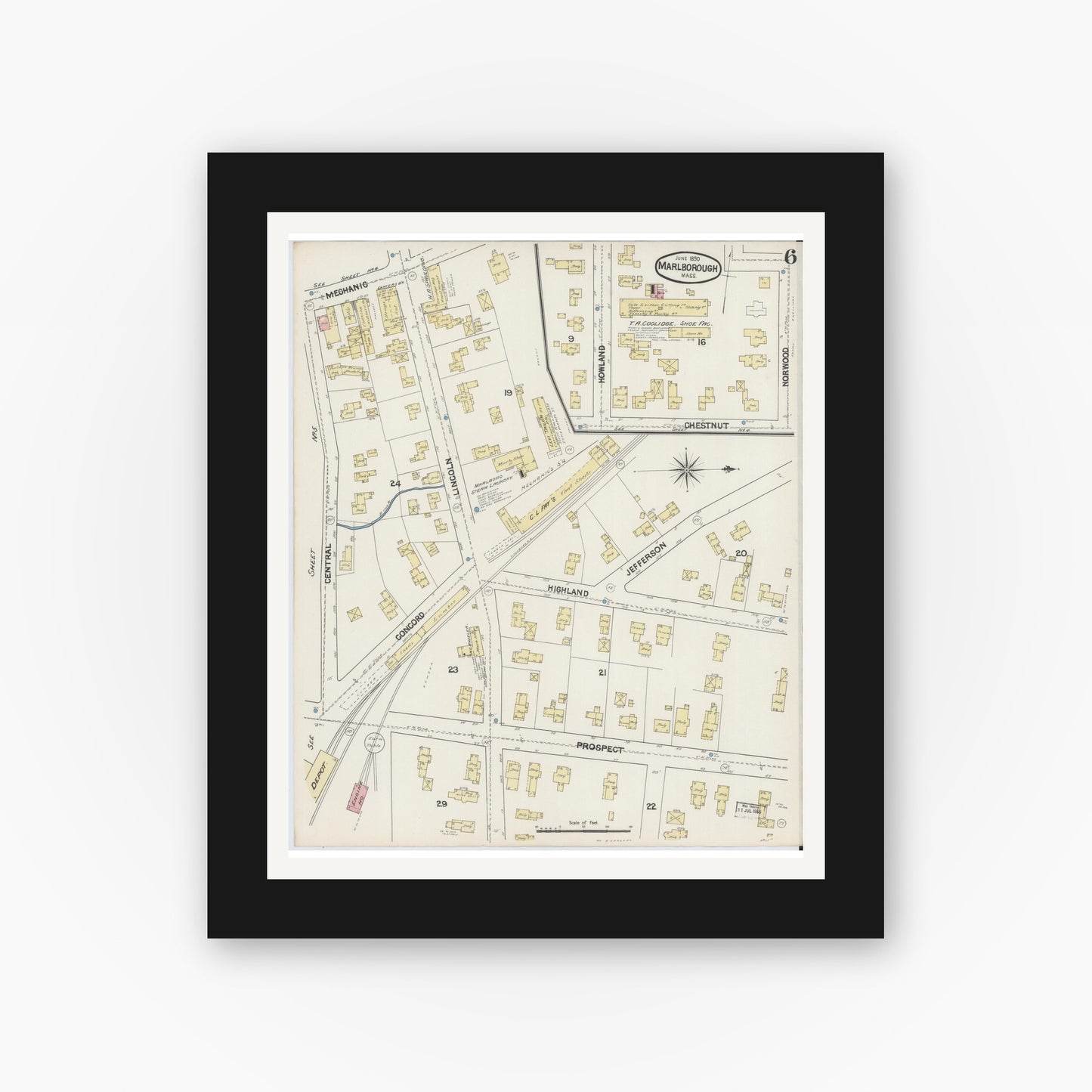 Old map wall art mockup — black gallery frame with white mat — Sanborn Fire Insurance Map from Marlborough, Middlesex County, Massachusetts (1890), Sheet #0006