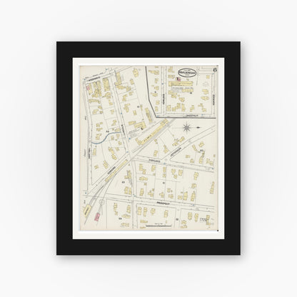 Old map wall art mockup — black gallery frame with white mat — Sanborn Fire Insurance Map from Marlborough, Middlesex County, Massachusetts (1890), Sheet #0006