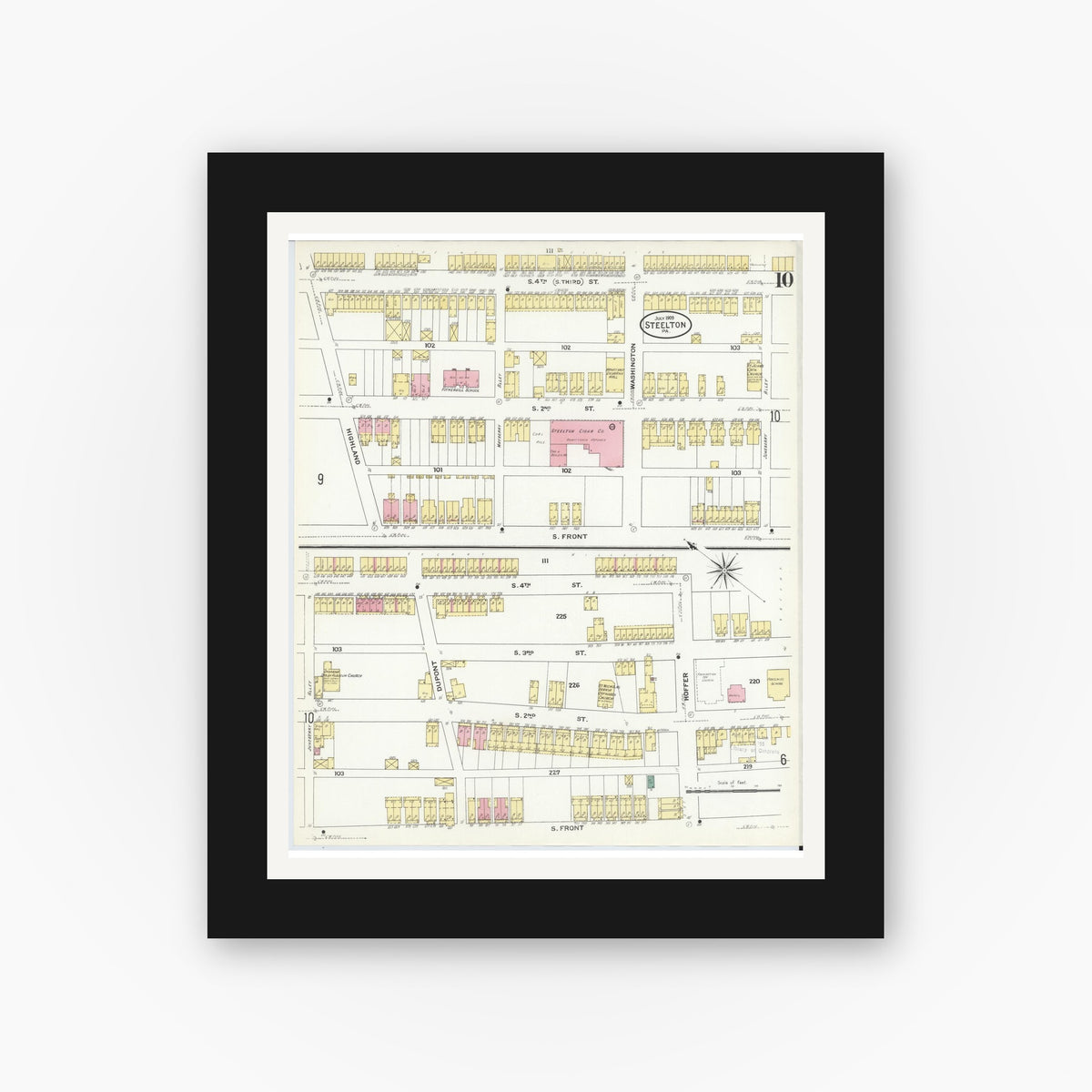 Old map wall art mockup — black gallery frame with white mat — Sanborn Fire Insurance Map from Steelton, Dauphin County, Pennsylvania (1909), Sheet #0010