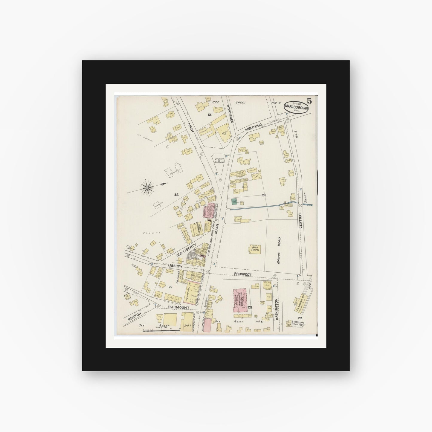 Old map wall art mockup — black gallery frame with white mat — Sanborn Fire Insurance Map from Marlborough, Middlesex County, Massachusetts (1890), Sheet #0005