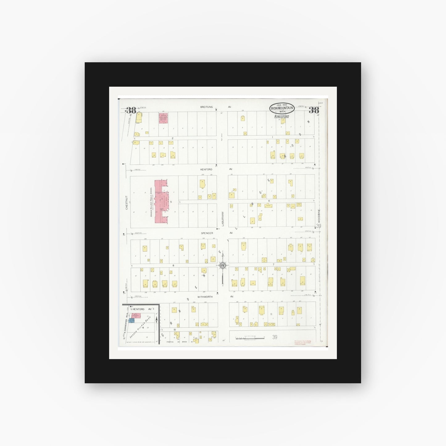 Old map wall art mockup — black gallery frame with white mat — Sanborn Fire Insurance Map from Iron Mountain, Dickinson County, Michigan (1930), Sheet #0038