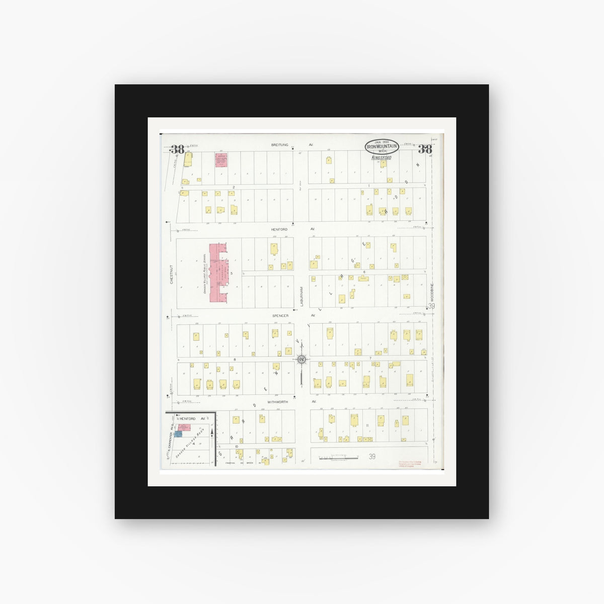 Old map wall art mockup — black gallery frame with white mat — Sanborn Fire Insurance Map from Iron Mountain, Dickinson County, Michigan (1930), Sheet #0038