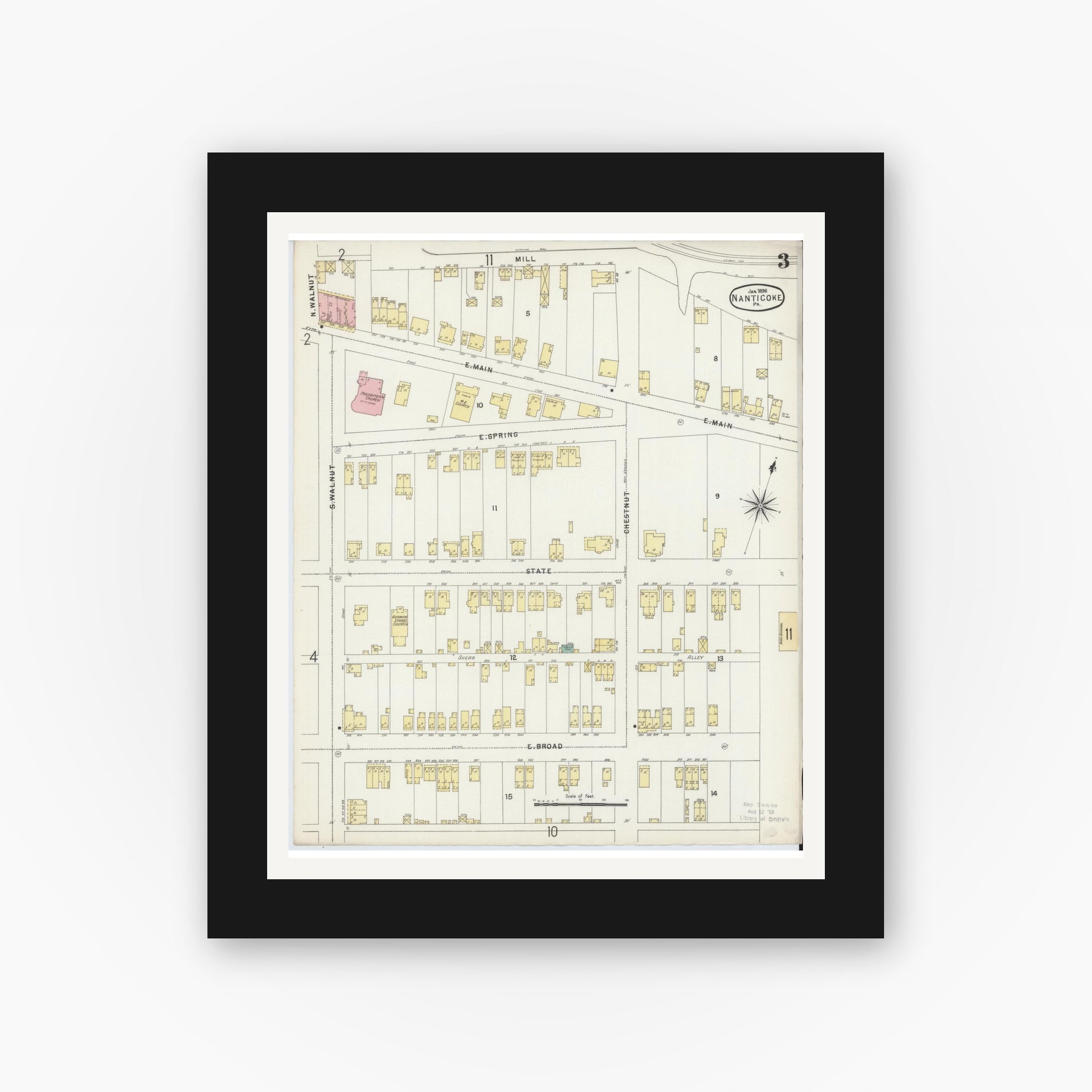 Old map wall art mockup — black gallery frame with white mat — Sanborn Fire Insurance Map from Nanticoke, Luzerne County, Pennsylvania (1896), Sheet #0003