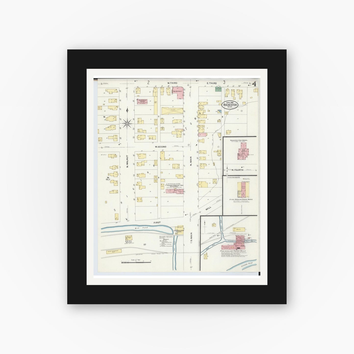 Old map wall art mockup — black gallery frame with white mat — Sanborn Fire Insurance Map from Rochester, Oakland County, Michigan (1908), Sheet #0004