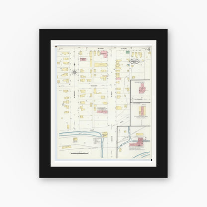 Old map wall art mockup — black gallery frame with white mat — Sanborn Fire Insurance Map from Rochester, Oakland County, Michigan (1908), Sheet #0004
