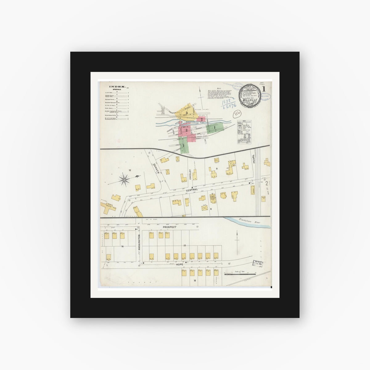 Old map wall art mockup — black gallery frame with white mat — Sanborn Fire Insurance Map from Millville, Worcester County, Massachusetts (1898), Sheet #0001