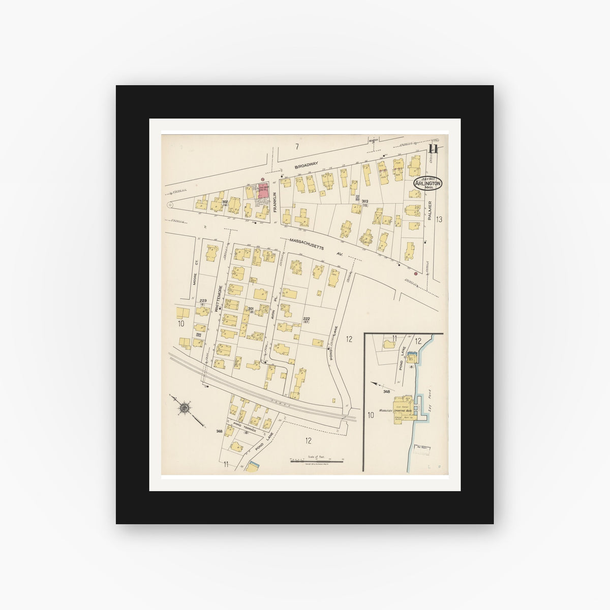 Old map wall art mockup — black gallery frame with white mat — Sanborn Fire Insurance Map from Arlington, Middlesex County, Massachusetts (1922), Sheet #0011
