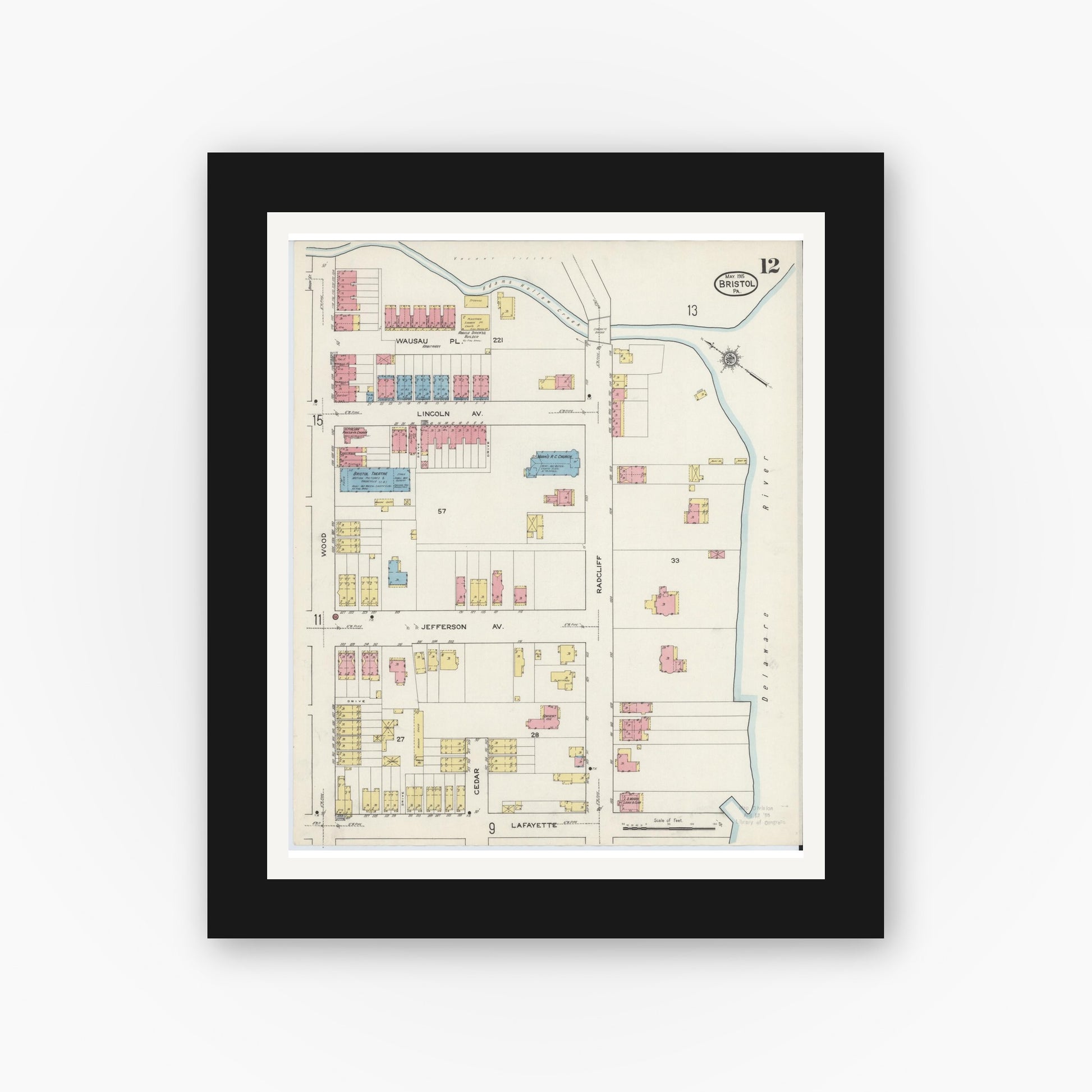 Old map wall art mockup — black gallery frame with white mat — Sanborn Fire Insurance Map from Bristol, Bucks County, Pennsylvania (1915), Sheet #0012